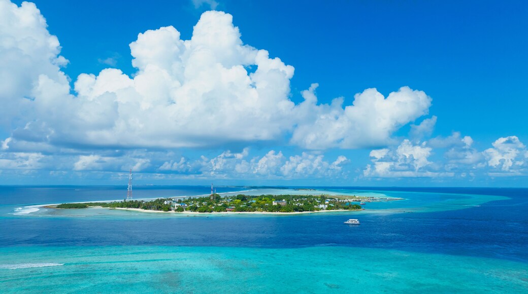 The aerial view of Small tropical island in the ocean, Maldives.