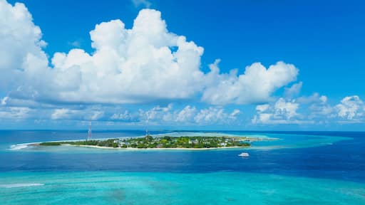 The aerial view of Small tropical island in the ocean, Maldives.