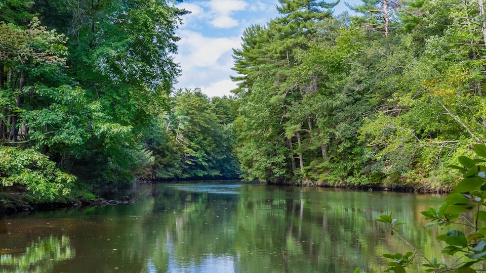 Mirror water Souhegan River near Wildcat Falls, Merrimack, New Hampshire, USA