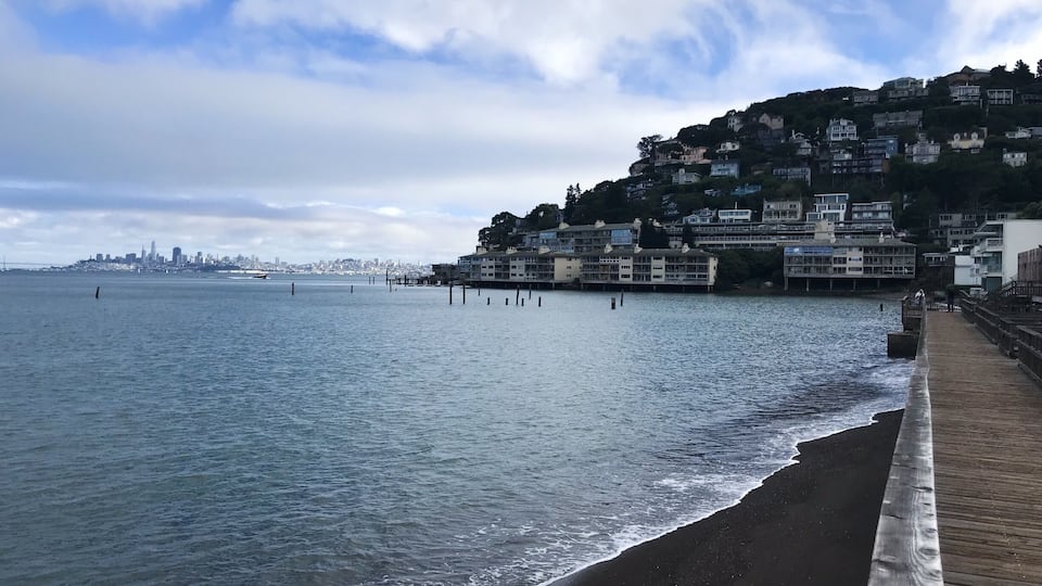 Bike riding from the Golden Gate Bridge to the Sausalito ferry