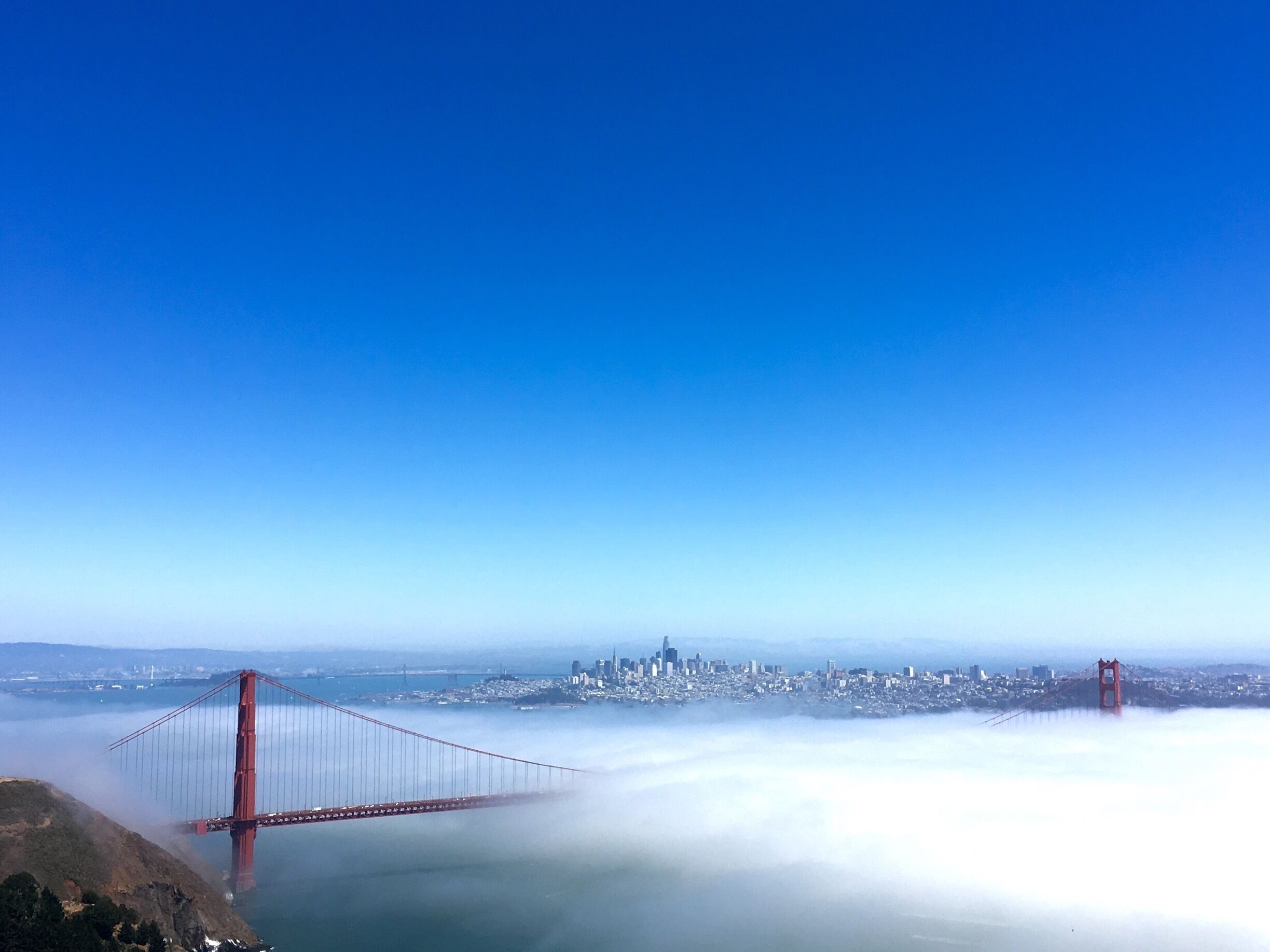 The Golden Gate Bridge with fog over San Francisco.