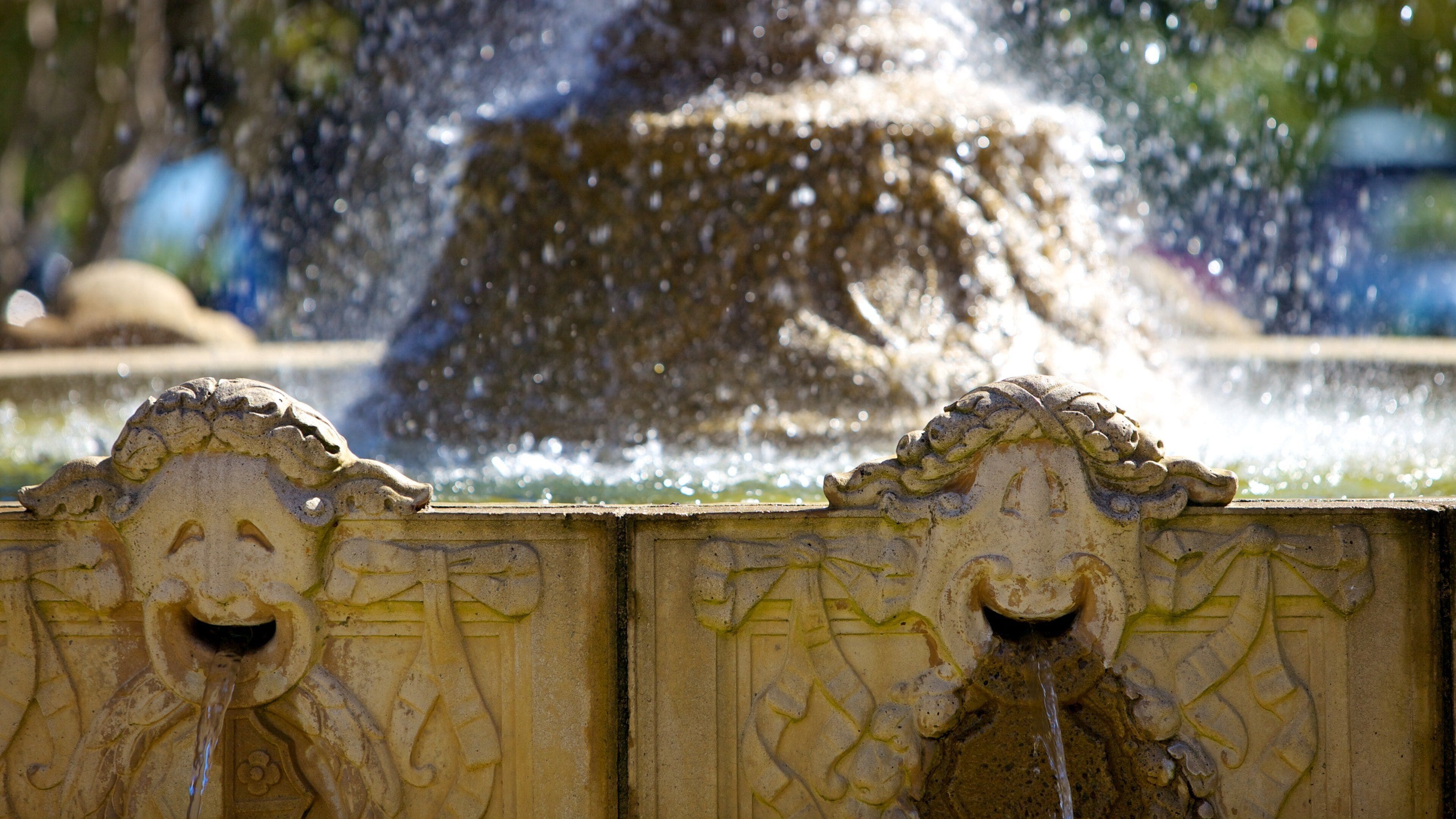 Beautiful fountain in Sausalito, California surrounded by greenery and bright sunlight