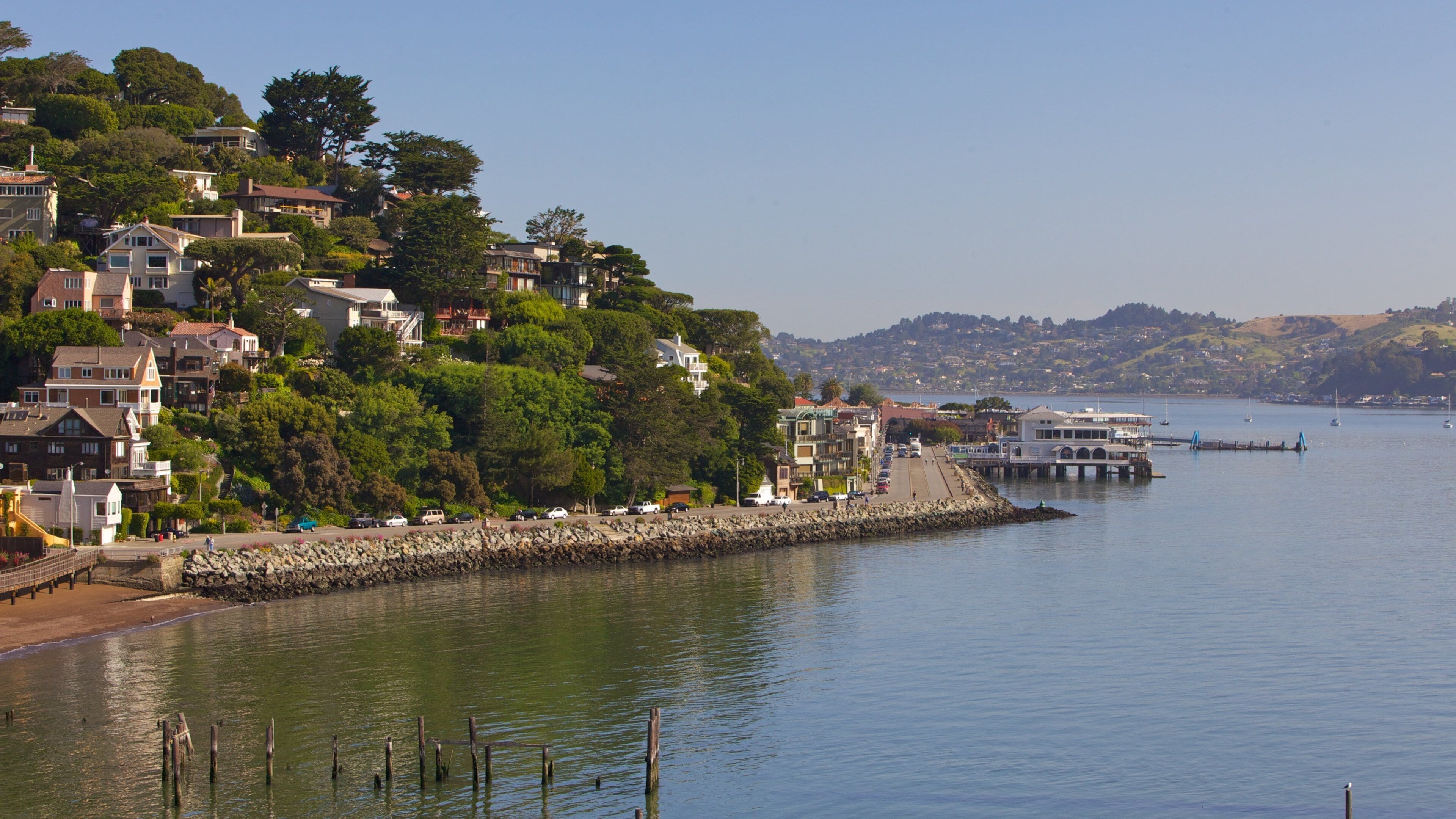 Tranquil waterfront view of Sausalito in California with charming homes along the hillside