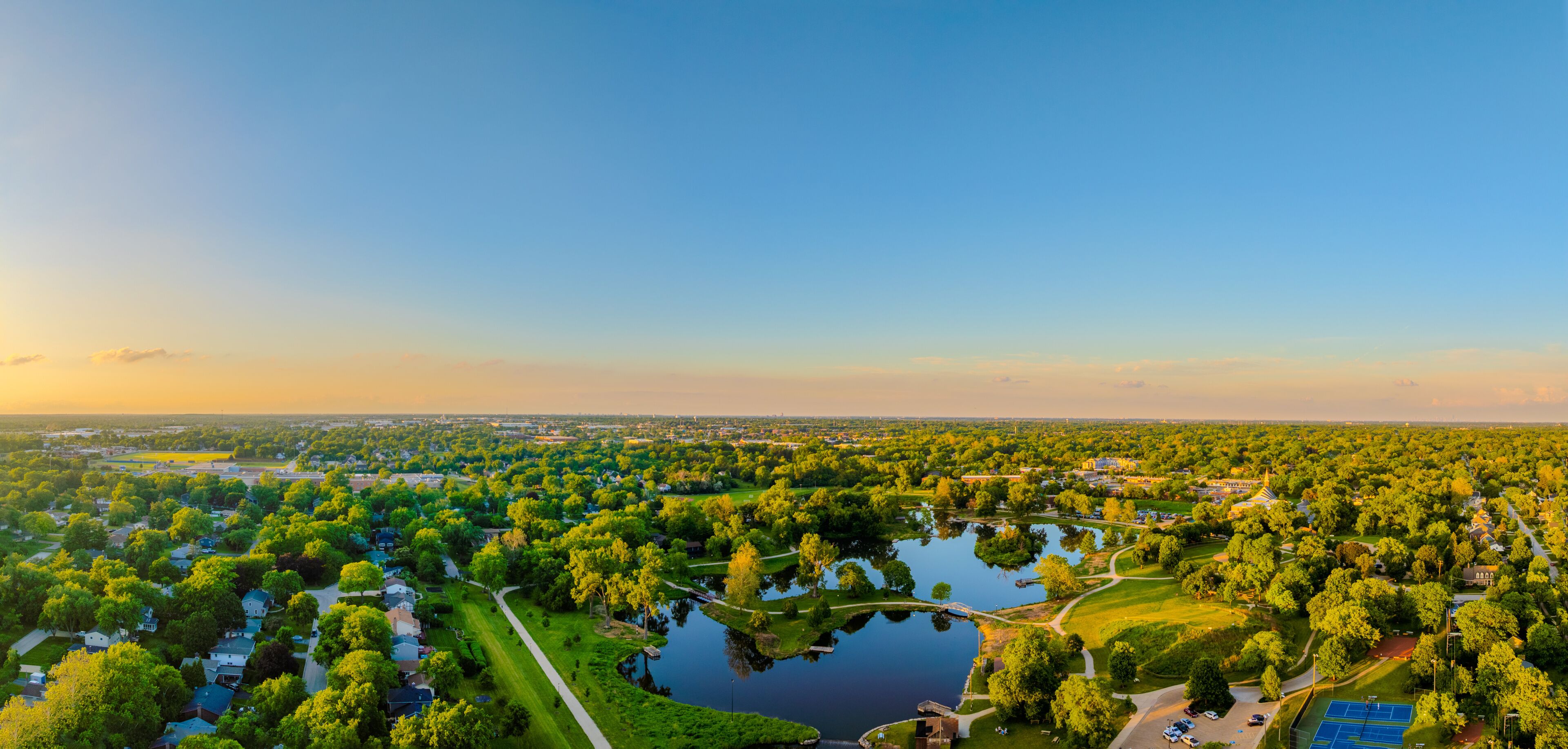 Aerial Drone View of Northside Park Pond and Greenery, Wheaton, Illinois, USA”