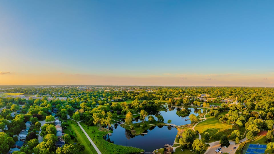 Aerial Drone View of Northside Park Pond and Greenery, Wheaton, Illinois, USA”