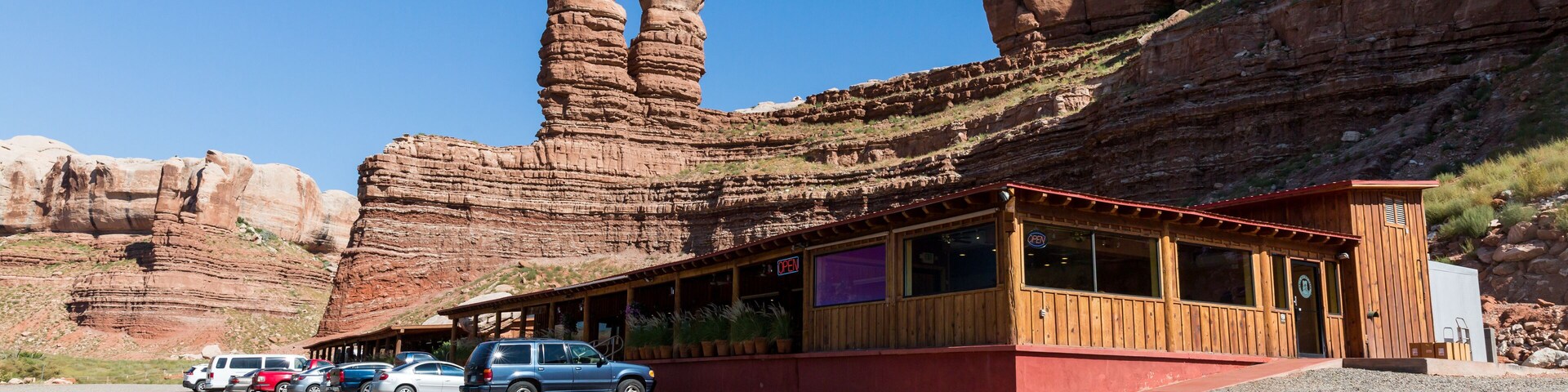 BLUFF, UTAH, USA - AUGUST 27: Views of the stone formation called Twin Rocks and the Twin Rocks Cafe in Bluff on August 27, 2015. Bluff is a small Village in southern Utah.