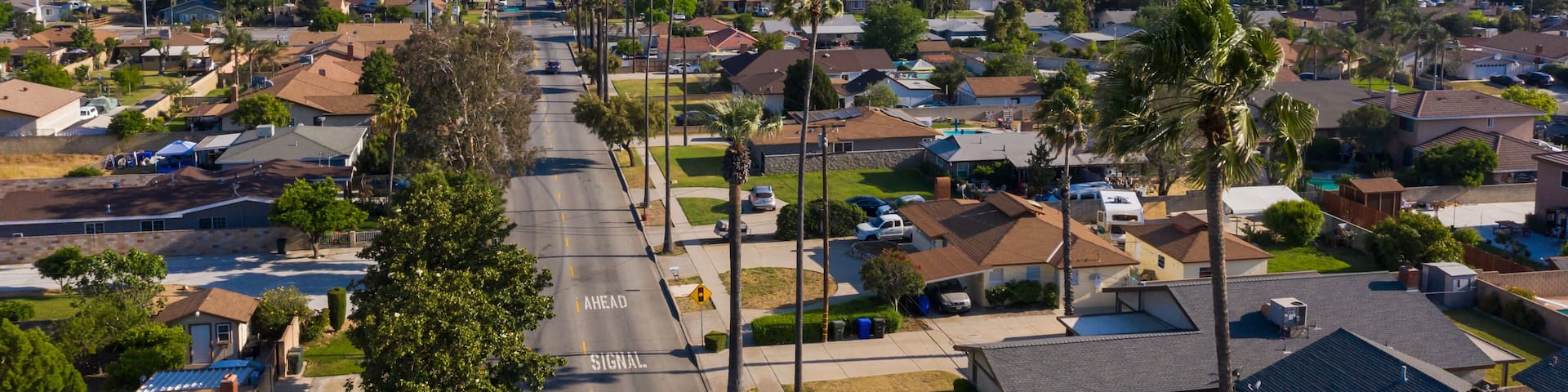 Daytime aerial view of housing in Fontana, California, USA.