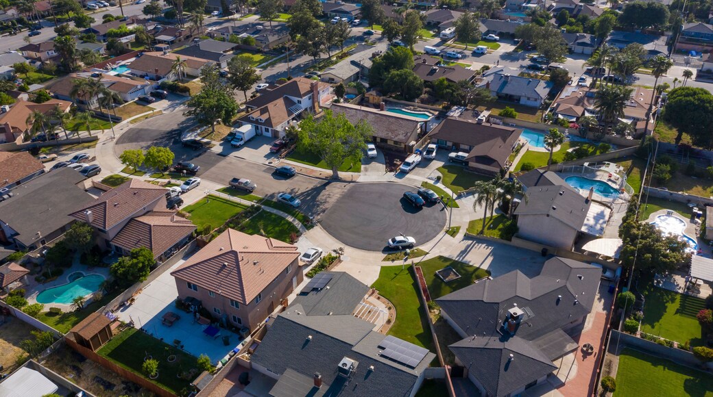 Daytime aerial view of housing in Fontana, California, USA.