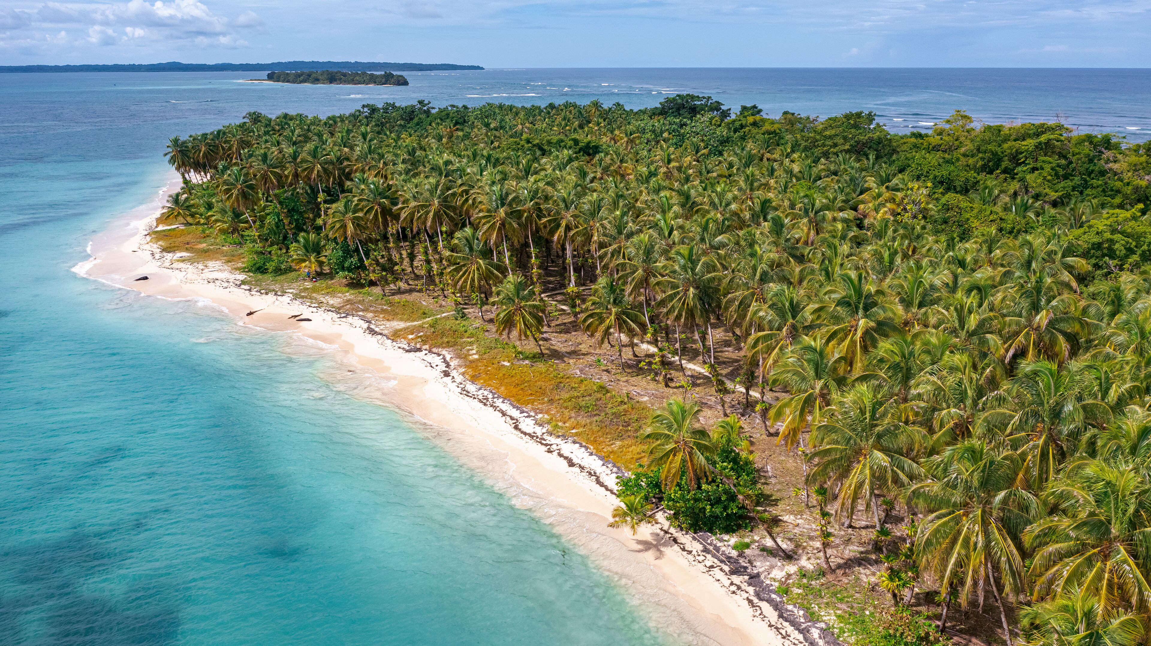 Breathtaking aerial drone view showing the lush green vegetation and white sandy beaches of Zapatillas Island in Panama