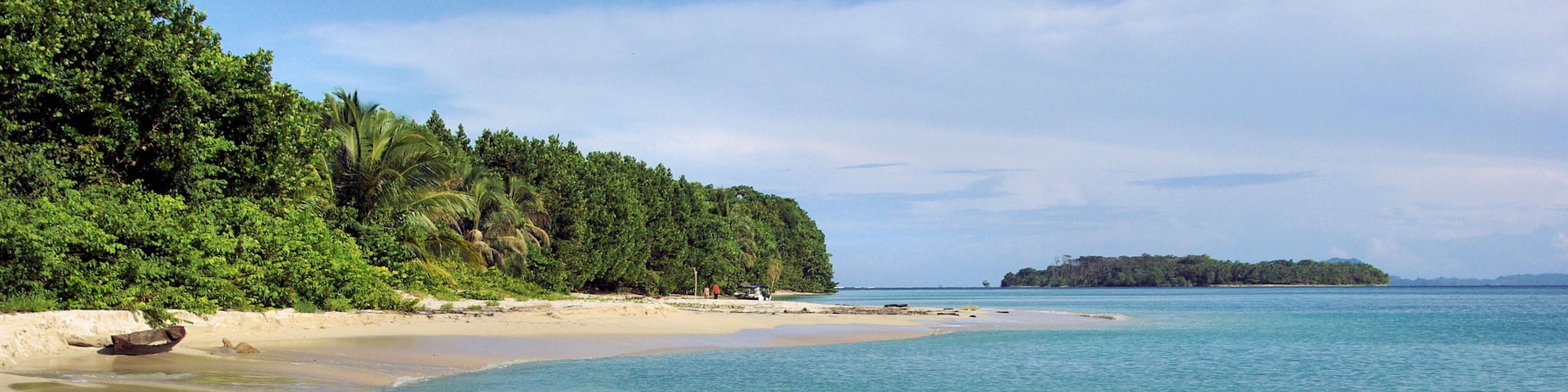 Una playa tropical con aguas turquesas cristalinas, orilla arenosa y vegetación verde exuberante.