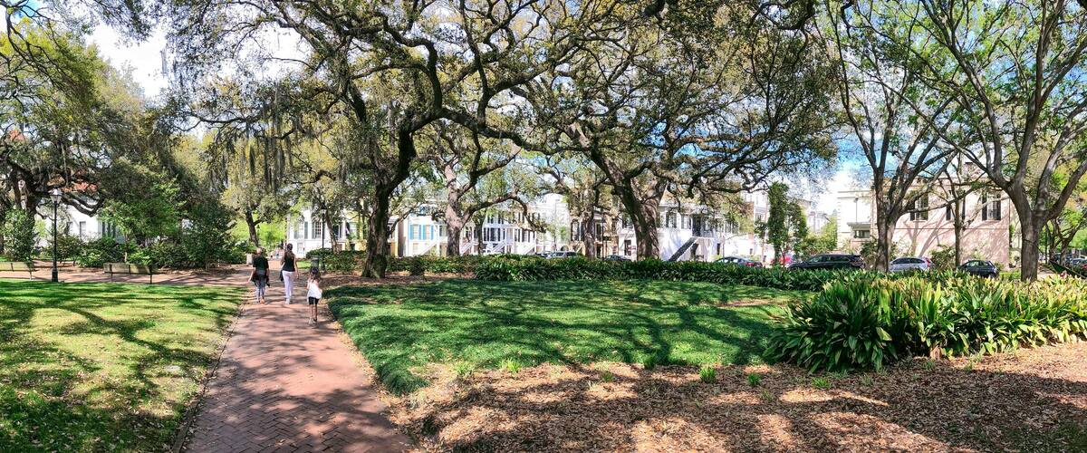 A park with a paved walkway, lush green grass, and mature trees.