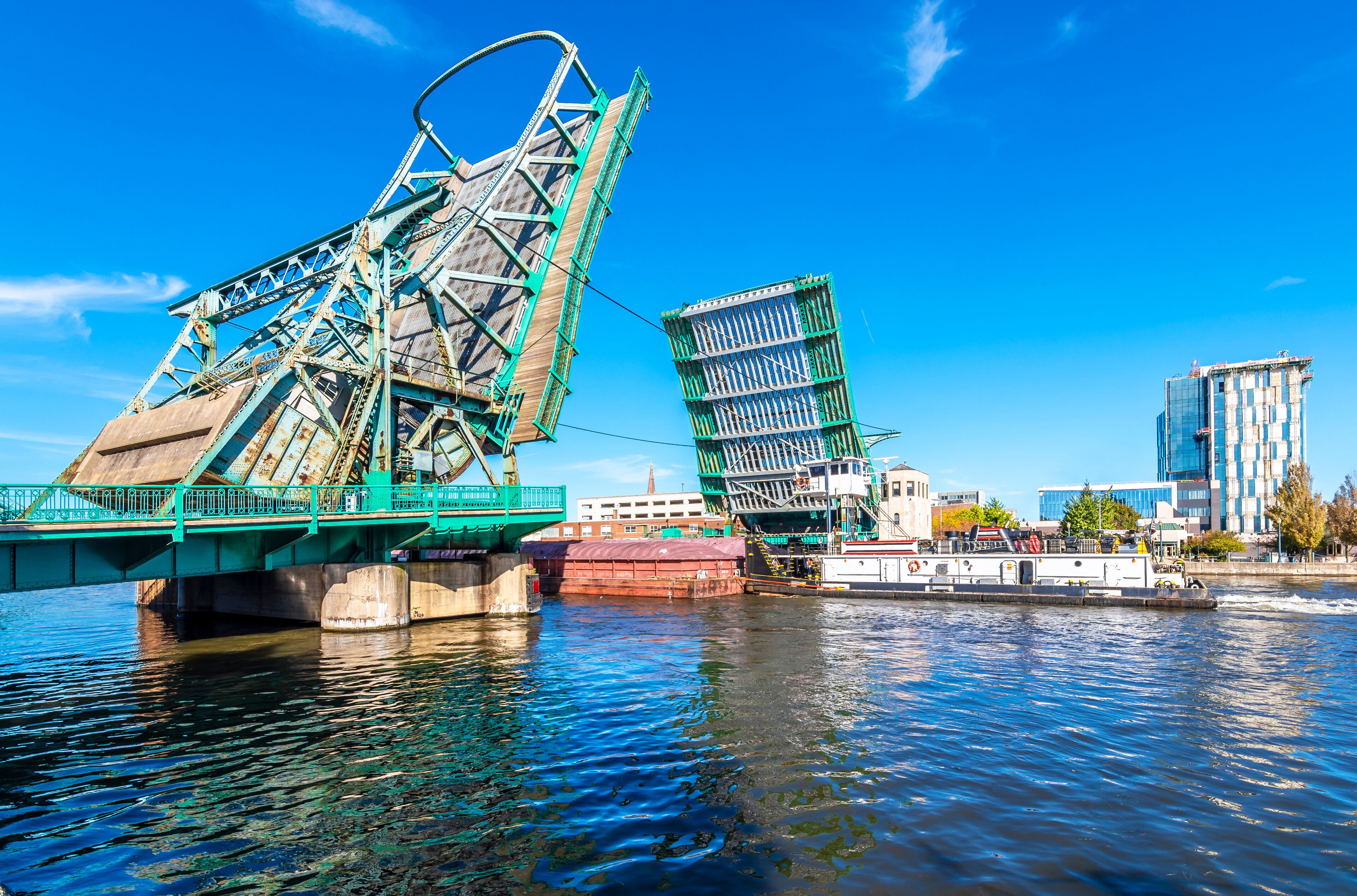 Broken Bridge view on Des Plaines River in Joliet Town of Illinois