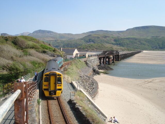 Railway at Barmouth The train is about to cross the Mawddach estuary bridge, which is half a mile long.