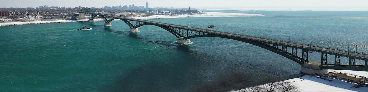 Aerial panorama of the Peace Bridge between Fort Erie, Canada and Buffalo, United States