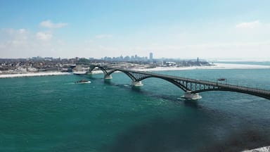 Aerial panorama of the Peace Bridge between Fort Erie, Canada and Buffalo, United States