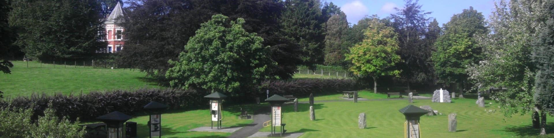 Late summer view of the Gorsedd Park, in Lampeter, showing the Gorsedd Stones and the activity trail.
