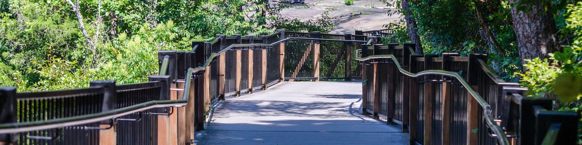 A wooden bridge with metal railings, surrounded by dense green foliage and a rocky outcrop in the background.