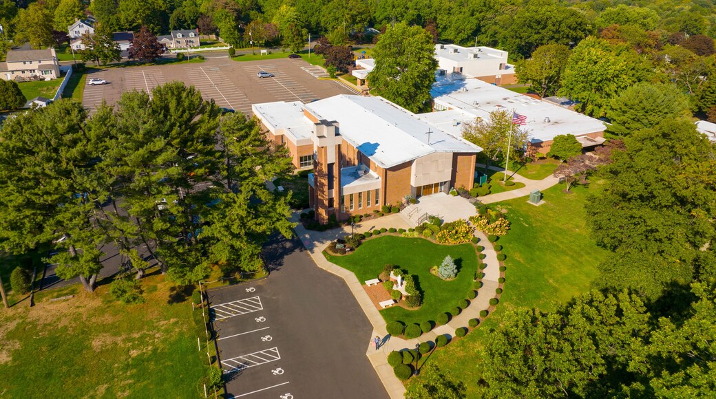 St Mark's Church aerial view at 500 Wigwam Lane in historic town center of Stratford, Connecticut CT, USA.