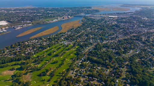 Stratford town landscape aerial view and Housatonic River mouth to the Atlantic Ocean in town of Stratford, Connecticut CT, USA.