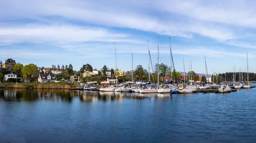 Sodertalje, Sweden - May 11, 2021: Panoramic view on the harbour in Igelsta in Sodertalje with sailboats on sunny afternoon in May