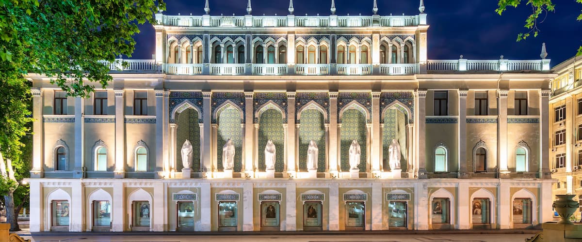 Night shot of illuminated The Nizami Museum of Azerbaijani Literature in Baku, Azerbaijan