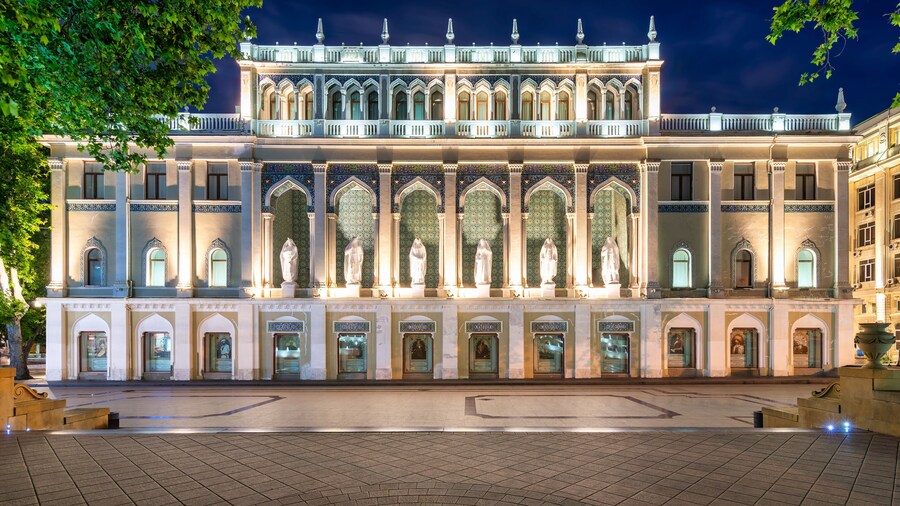 Night shot of illuminated The Nizami Museum of Azerbaijani Literature in Baku, Azerbaijan