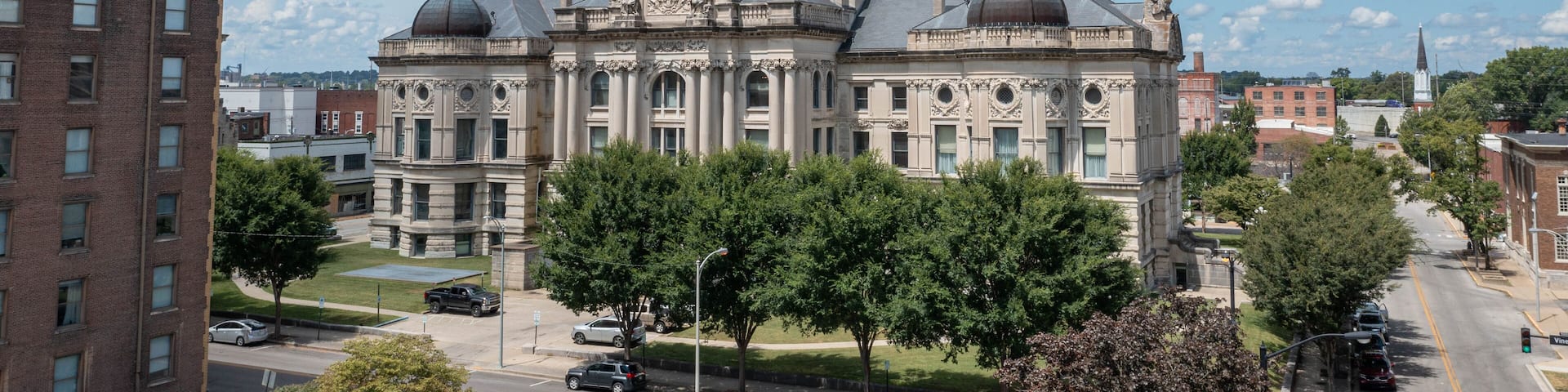 Cloudy Summer Aerial of Evansville’s Historic Courthouse