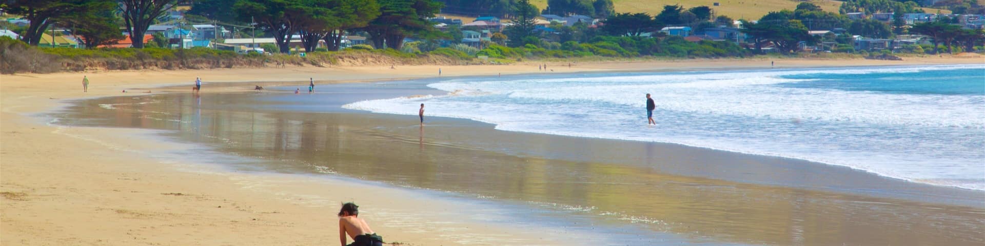 Great Ocean Road som visar kustutsikter och en sandstrand sÄvÀl som ett barn