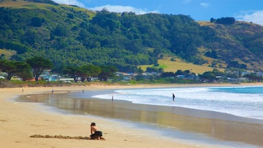 A sandy beach with people walking and playing, surrounded by green hills and houses.