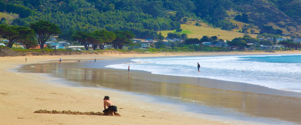 Great Ocean Road showing general coastal views and a sandy beach as well as an individual child