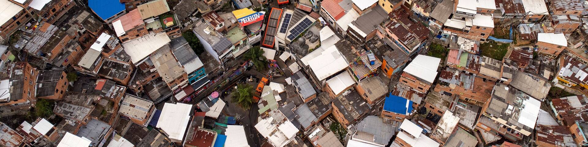 Medellin, Antioquia - Colombia. February 13, 2026. Urban landscape of Medellin showing the escalators in Comuna 13.