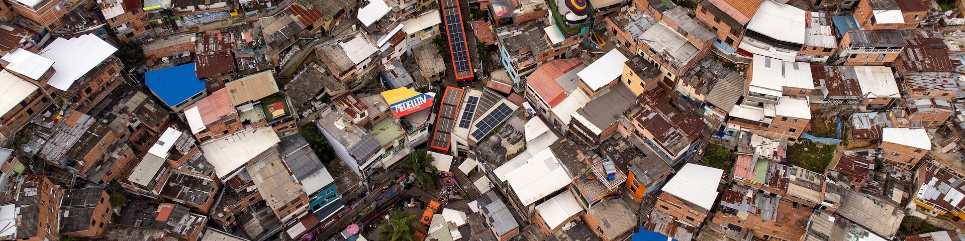 Medellin, Antioquia - Colombia. February 13, 2026. Urban landscape of Medellin showing the escalators in Comuna 13.