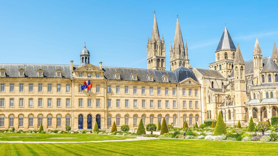 Panoramic view at the City hall with Church of Saint Etienne in the streets of Caen - France