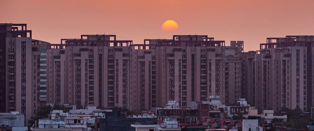 sunset over urban landscape.