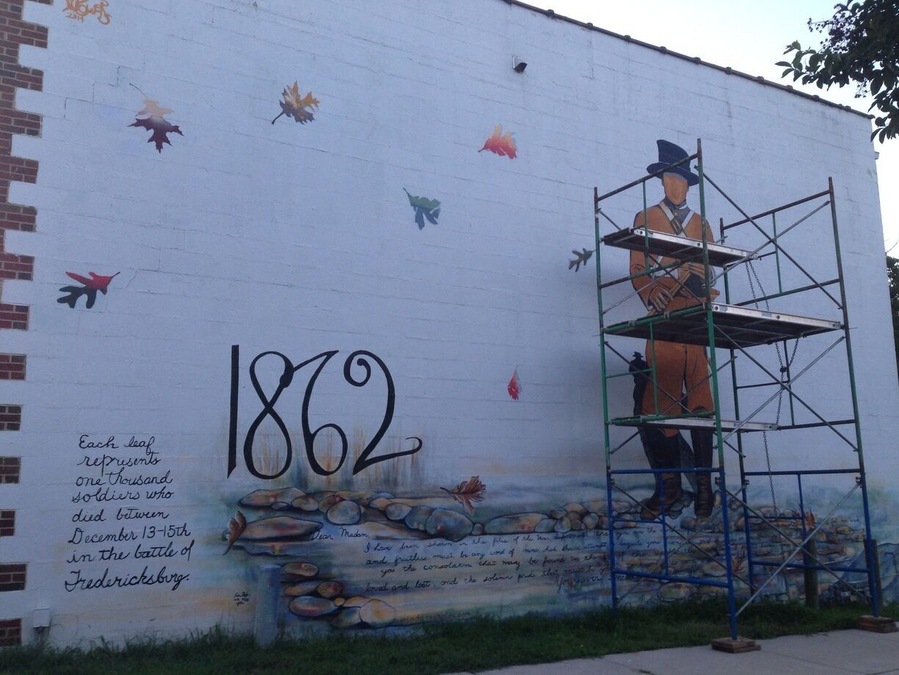 A mural in fredricksburg, va commentating the battle fought in the streets here in 1862. This area was home to some of the most intense fighting of the civil war, with many major battles being fought near here.