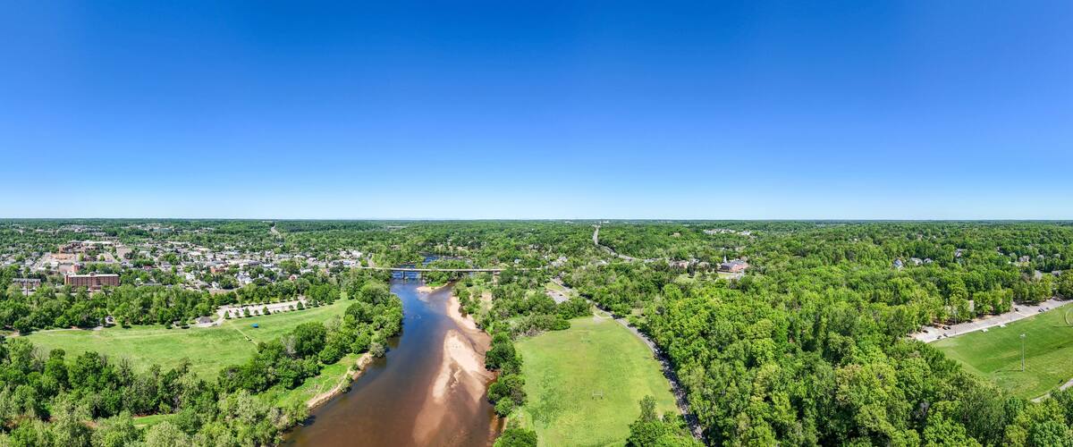 Aerial landscape of Rappahannock River during summer in Fredericksburg city in Virginia