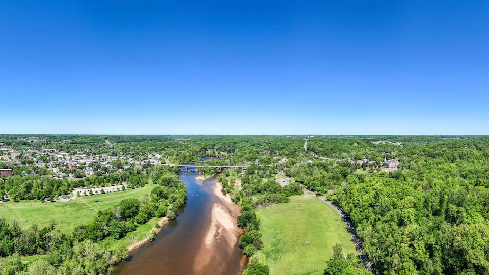 Aerial landscape of Rappahannock River during summer in Fredericksburg city in Virginia