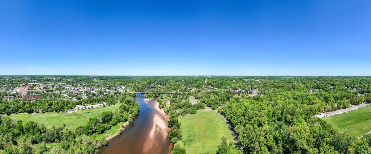 Aerial landscape of Rappahannock River during summer in Fredericksburg city in Virginia