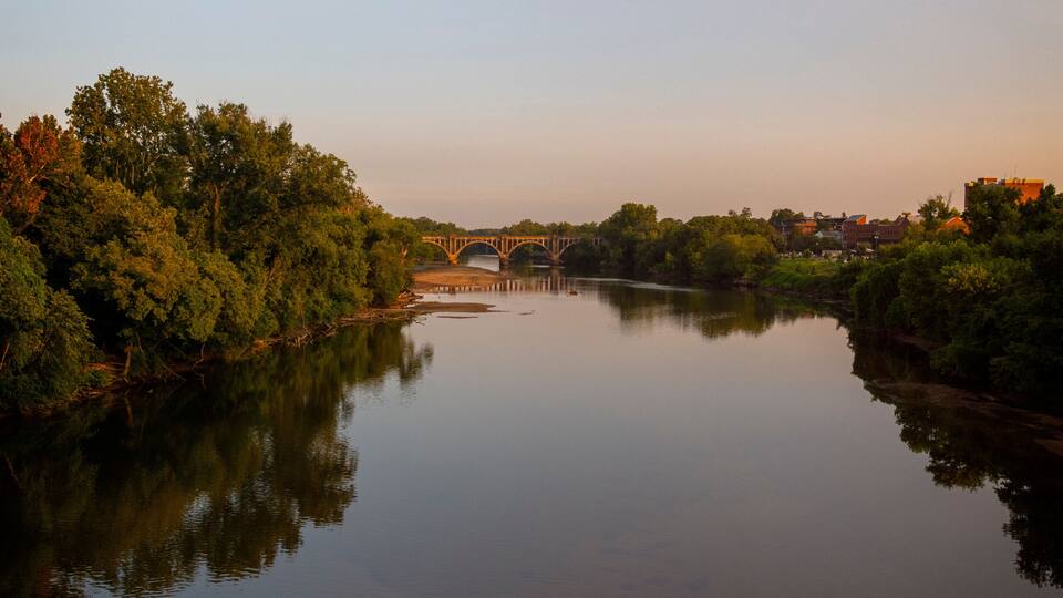 A calm river with a bridge, dense greenery, and a clear sky.