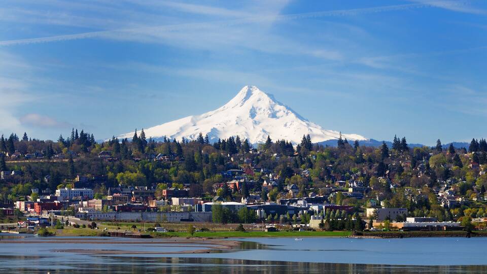 A snow-capped mountain, a town, and a body of water.