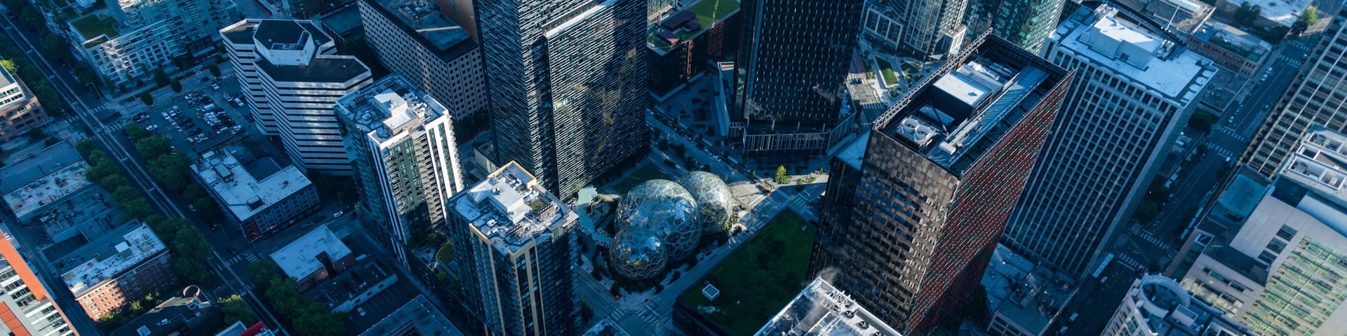 A dense urban skyline with high-rise buildings, a prominent circular structure, and a mix of modern and traditional architecture.
