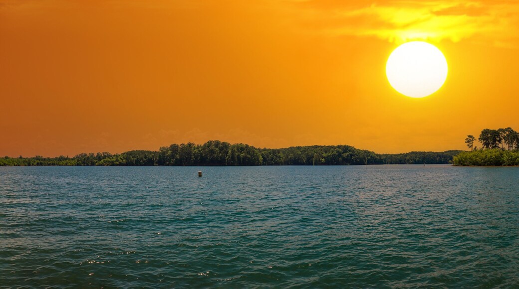 a stunning panoramic shot of the rippling blue waters of Lake Allatoona with powerful clouds at sunset surrounded by lush green trees, grass and plants at Victoria Beach in Acworth Georgia USA