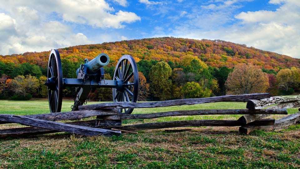 A cannon in a field with a forested hill in the background.