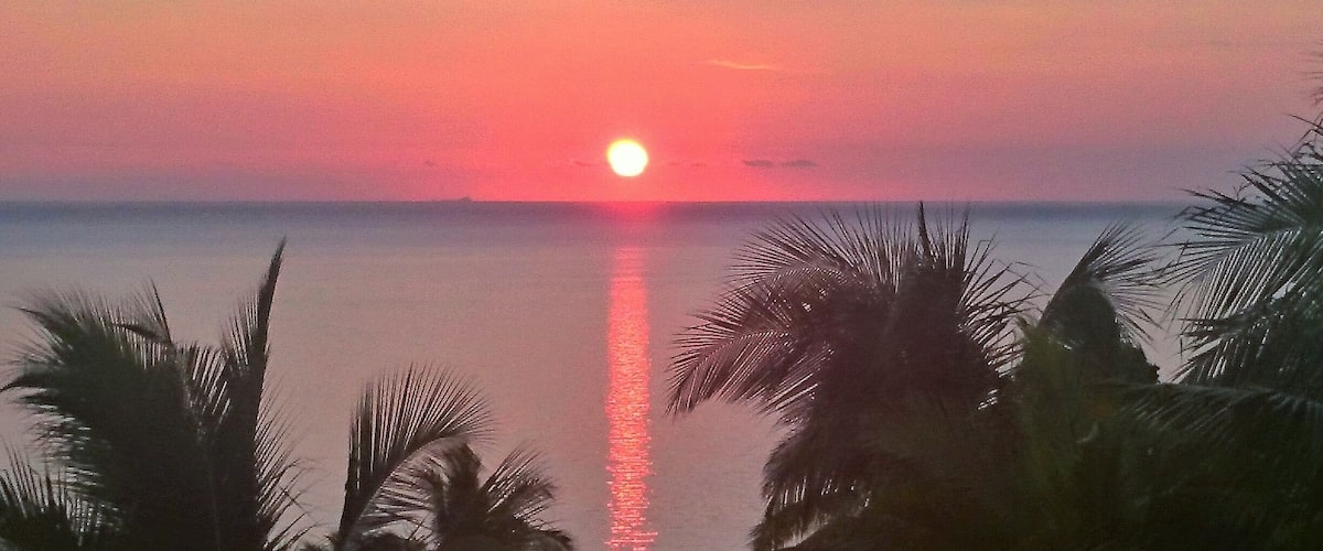 A sunset over a calm sea with palm trees silhouetted against the sky.