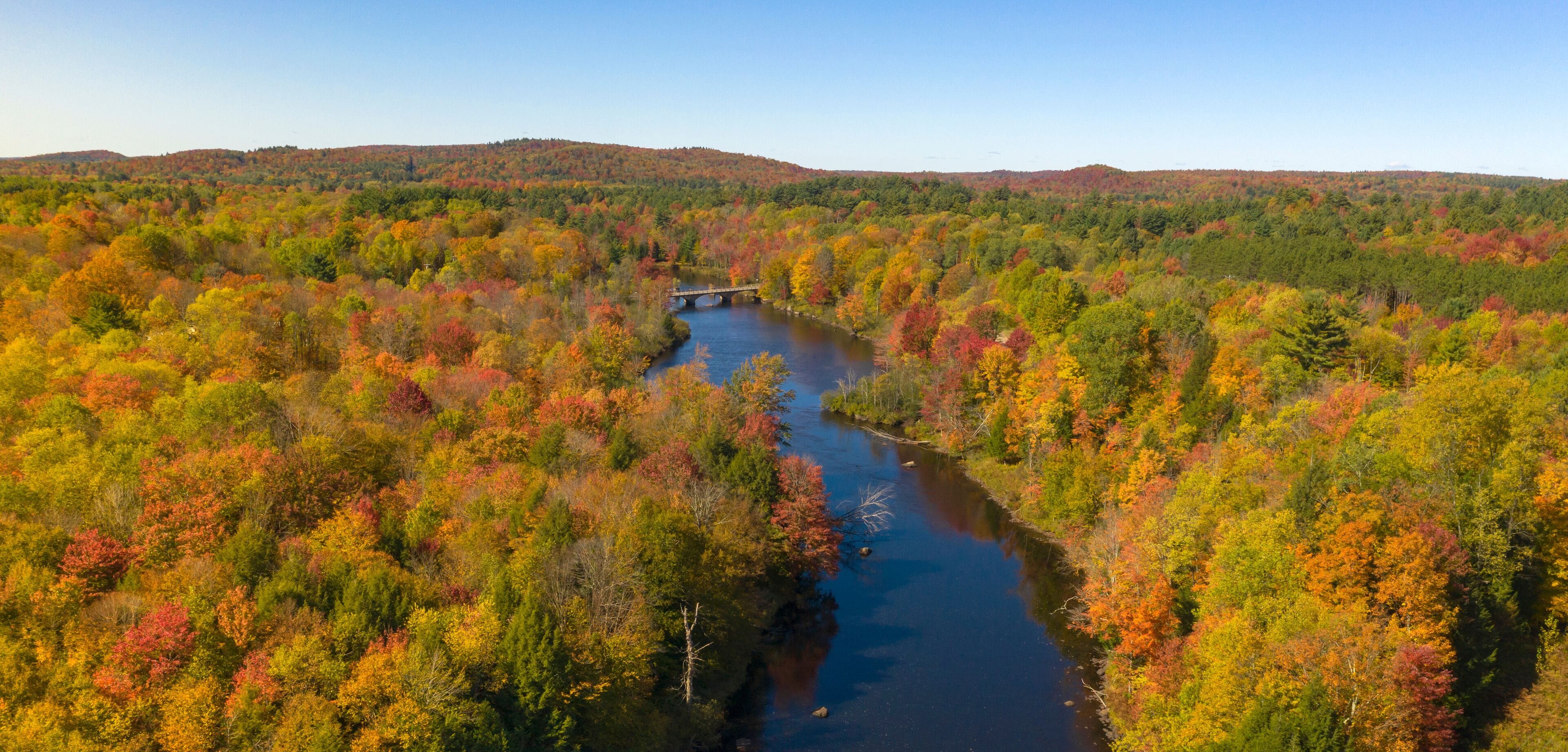 Oswegatche River Adirondak Park Panoramic Aerial View Autumn Season