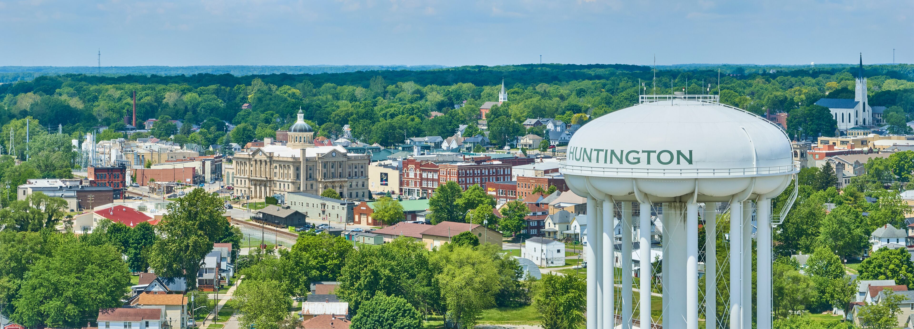 Aerial View of Huntington Water Tower and Downtown Skyline