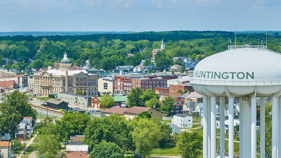 Aerial View of Huntington Water Tower and Downtown Skyline