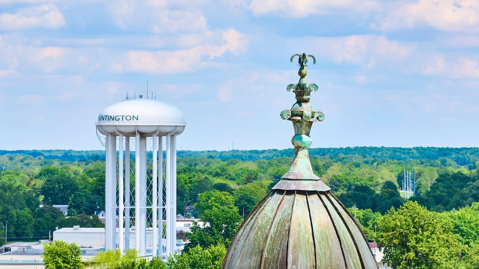 Aerial View of Huntington Water Tower and Historic Copper Dome