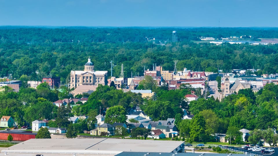 Aerial View of Huntington Courthouse and Downtown in Rural Indiana