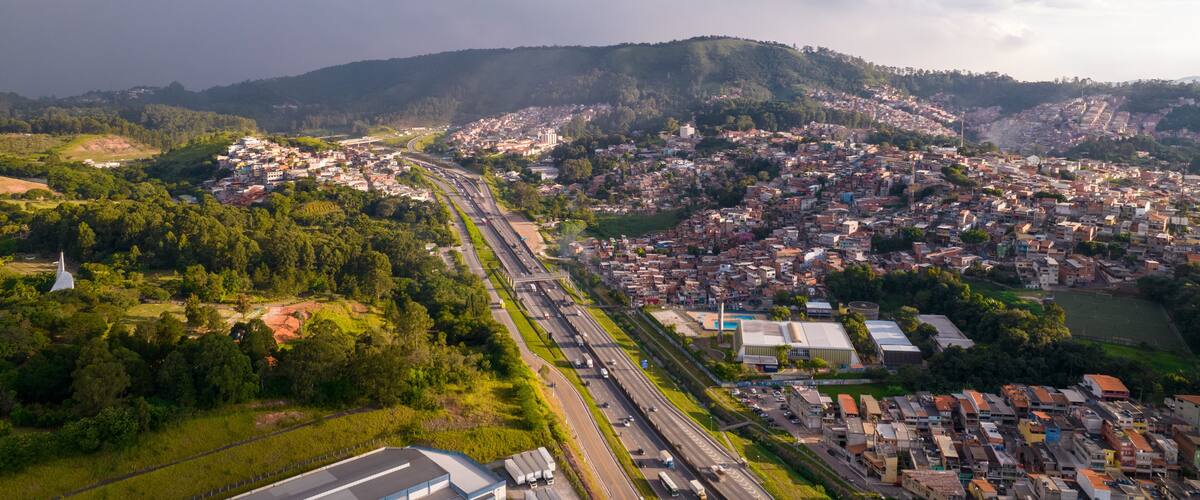 Aerial view of the Pirituba neighborhood in Sao Paulo, Brazil. Pico do Jaraguá in the background.